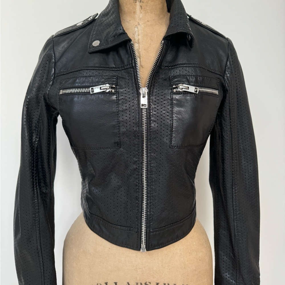 Mauritius Black Leather Jacket with Perforated Detailing.